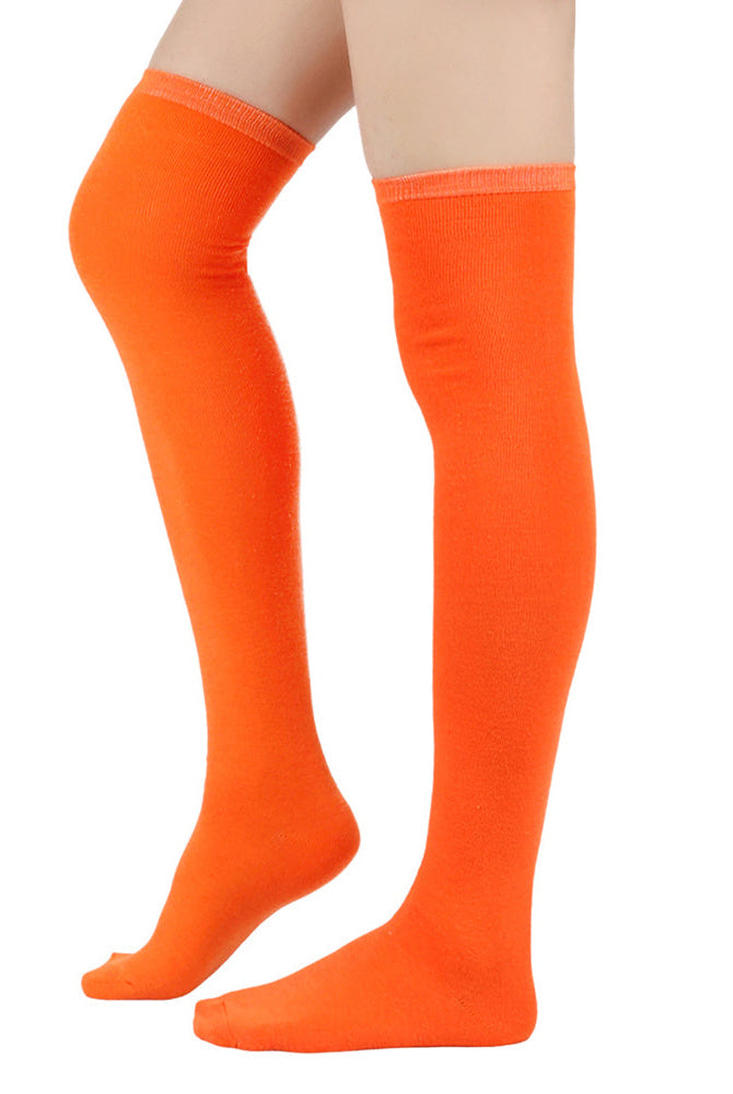 Pair of over-the-knee socks in orange, ribbed cuff and smooth leg