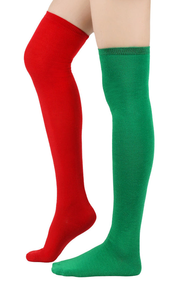 Pair of over-the-knee socks, red and green set with ribbed cuffs