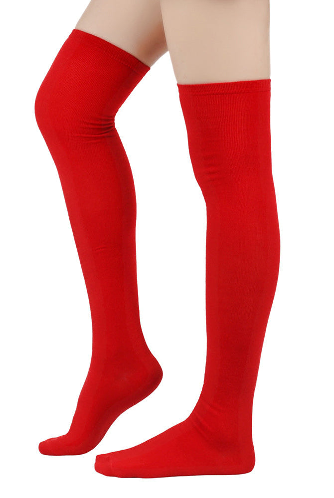 Pair of over-the-knee socks in red with ribbed cuff and smooth leg