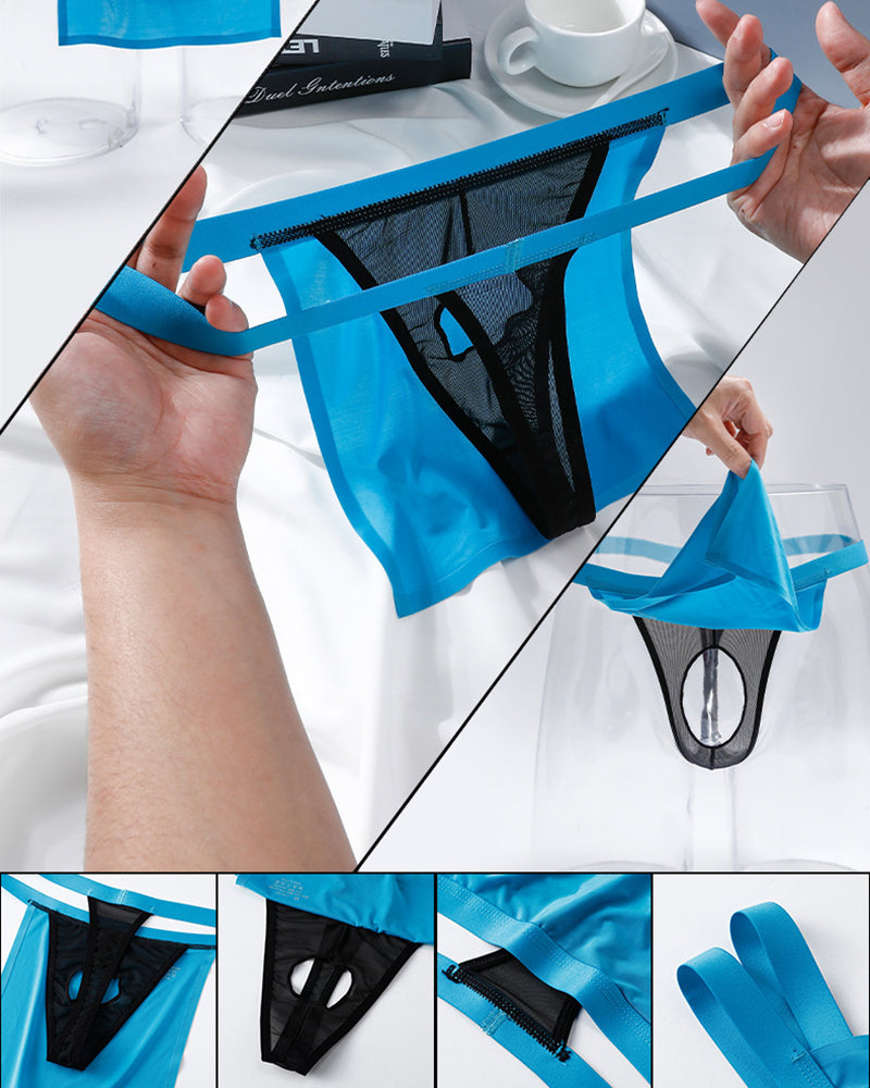 Sheer black mesh G-string thong with blue elastic waistband, angled view