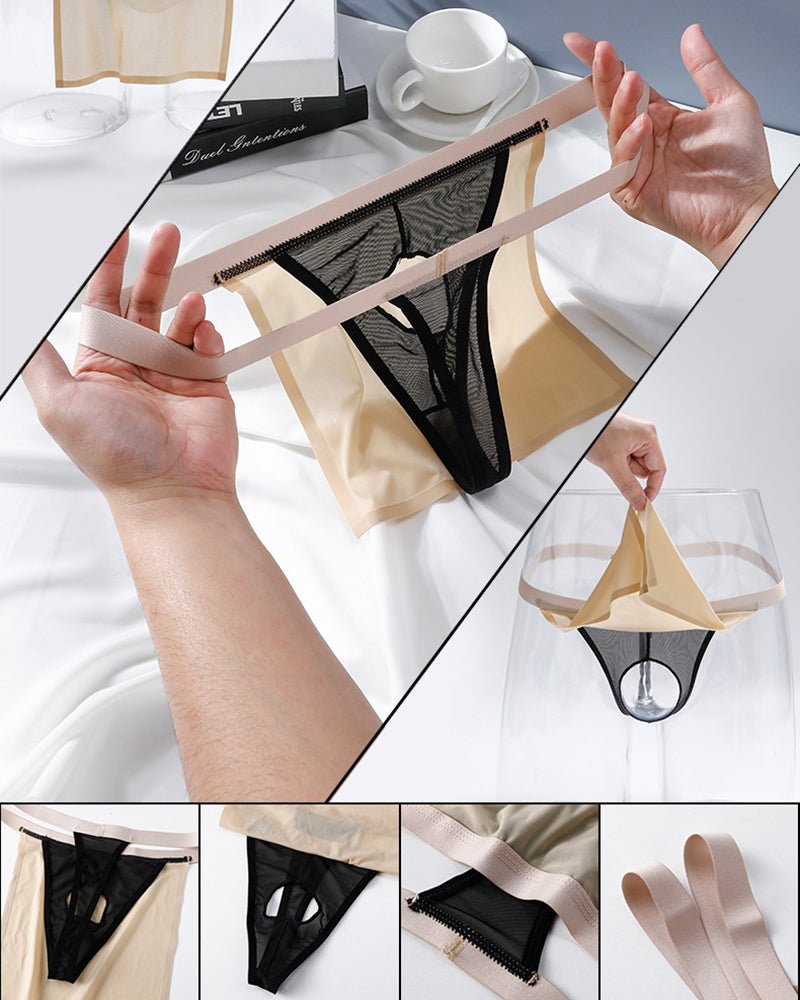 Black sheer g-string thong with beige satin pouch, close-up of waistband