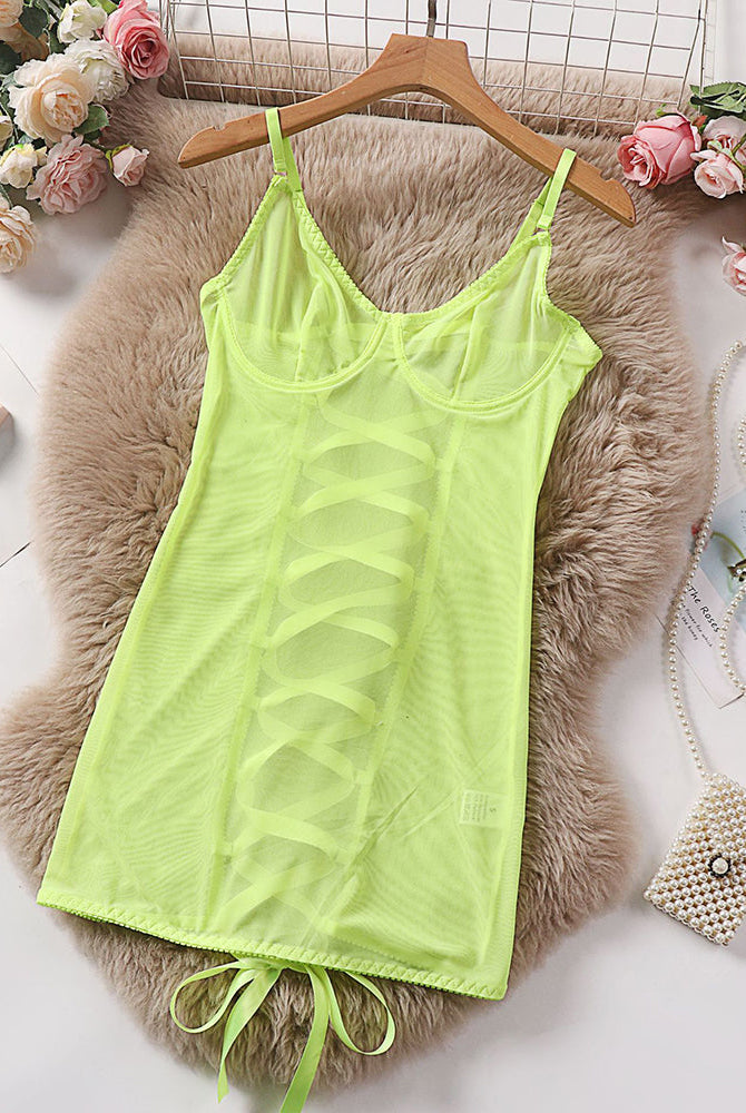 Neon green sheer mesh underwire mini dress laid flat with fringe tie hem