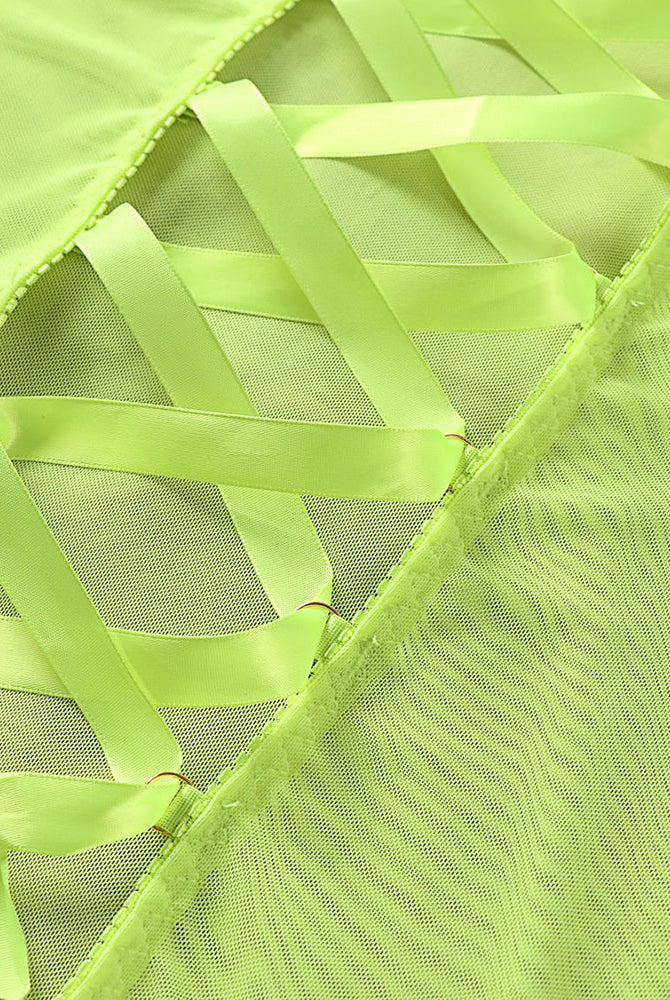 Neon green sheer mesh fabric texture with stitched lattice trim