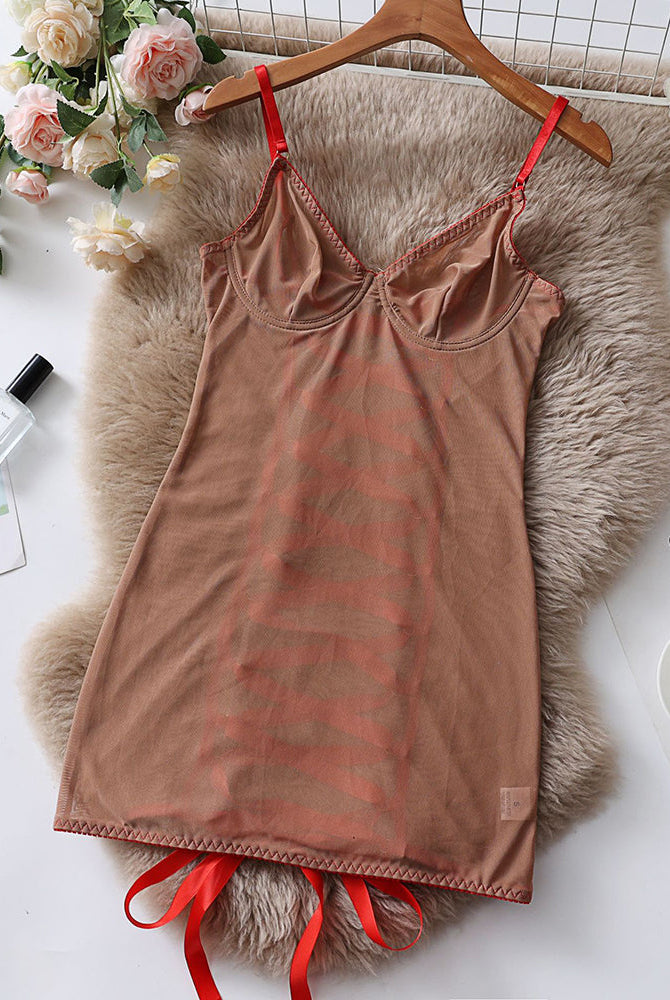 Skin-tone sheer mesh underwire mini dress with spaghetti straps and tie-front hem