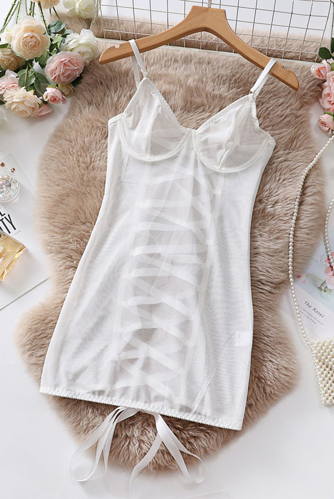 White sheer mesh underwire mini dress with spaghetti straps and lace tie hem