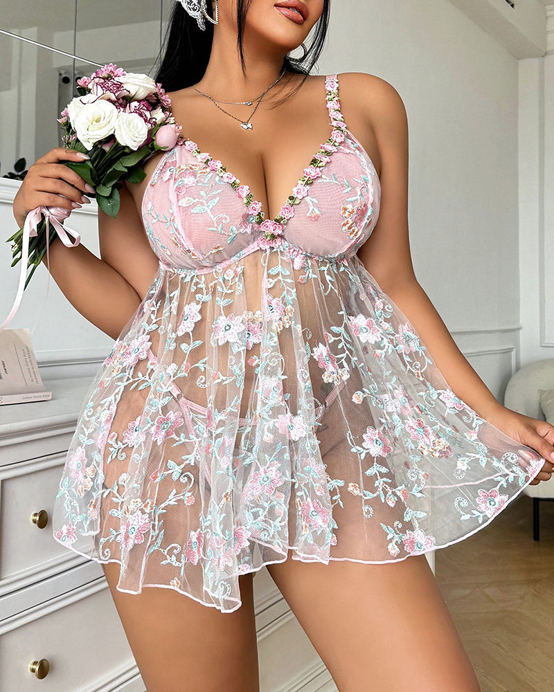Plus size blush pink floral mesh babydoll with floral embroidery and flared sheer skirt