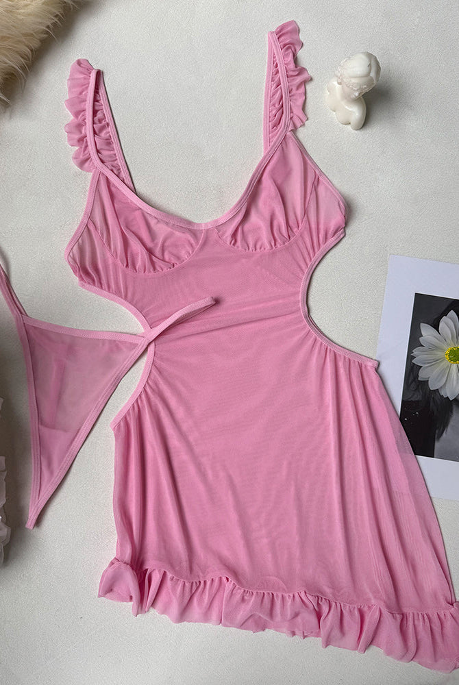 Pink sheer mesh mini dress flat lay with cutout sides and ruffled hem trim