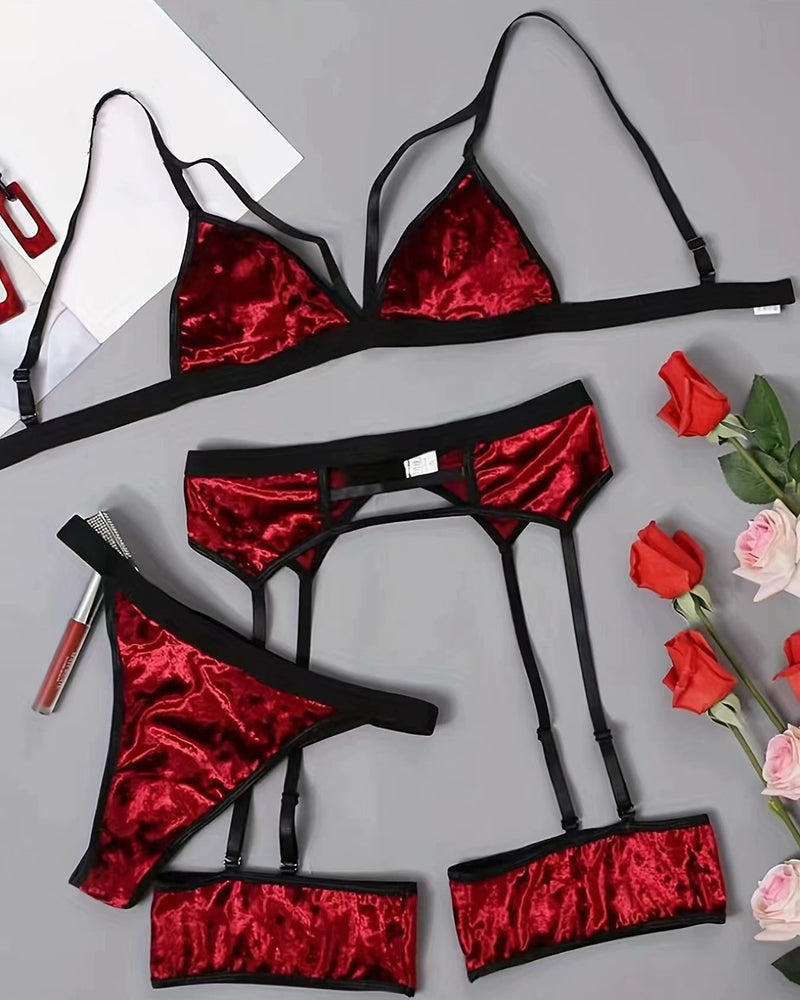 Wine red velvet lingerie set pieces: bra, panty, waist belt, and leg garters