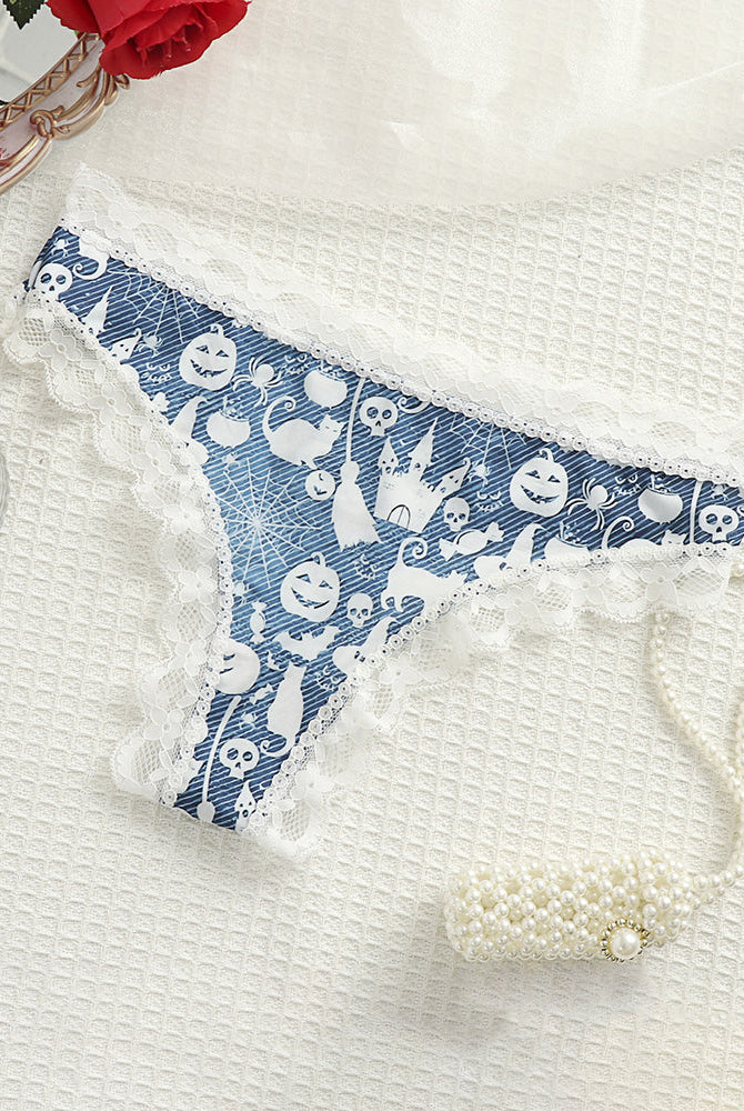 Blue lace-trim thong panty with white skull and ghost print