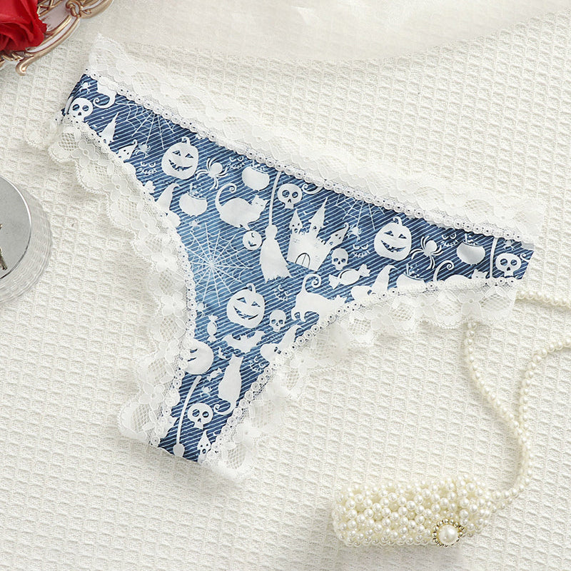 Blue lace-trim thong panty with white skull and ghost print