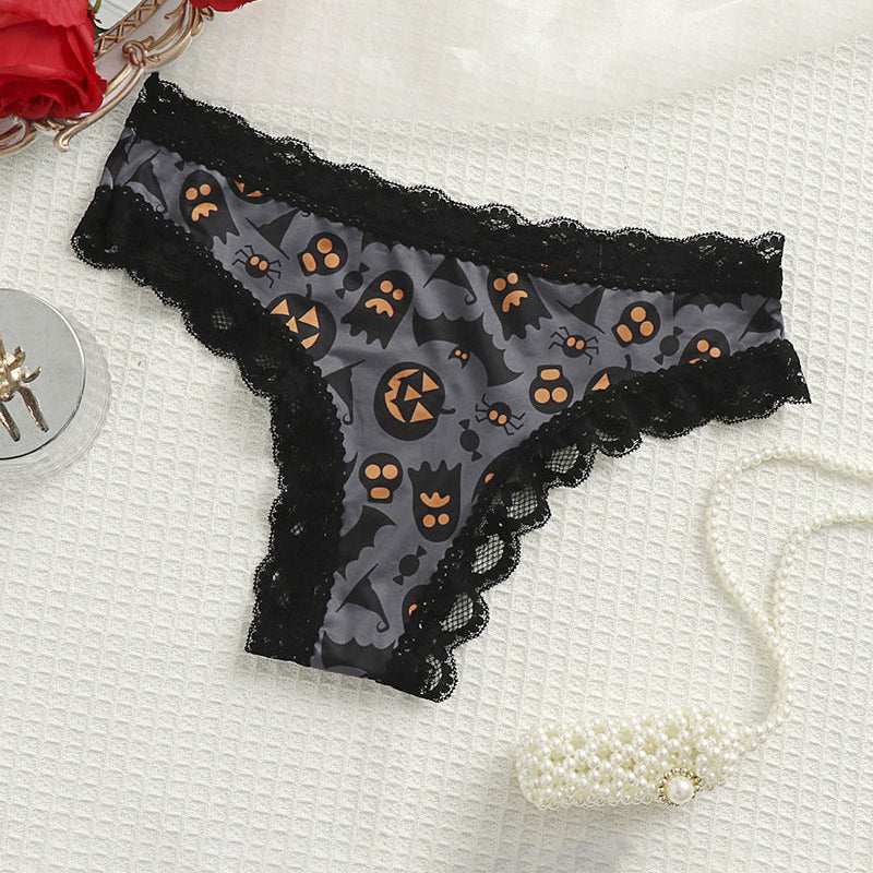Gray lace-trim thong panty with orange cat and pumpkin print