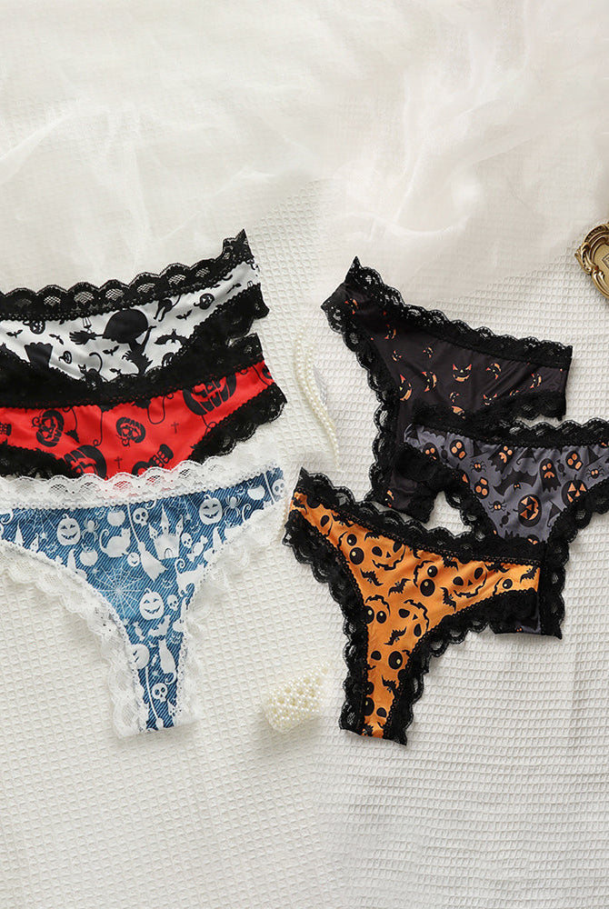 Set of Halloween lace-trim thong panties in black, blue, red, and orange