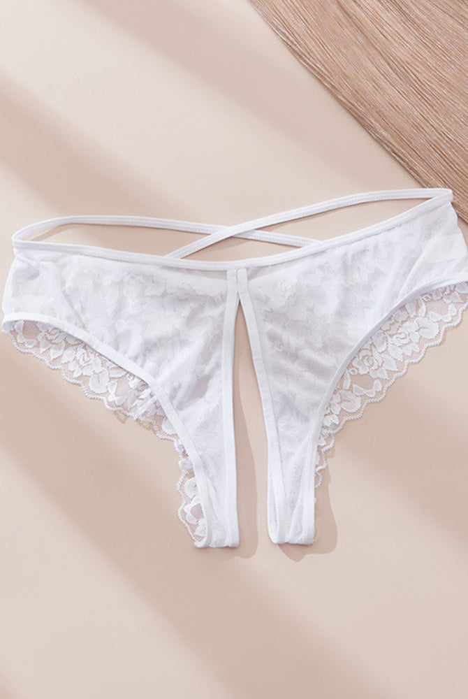 White lace crotchless panties with criss-cross strap front and scalloped lace trim