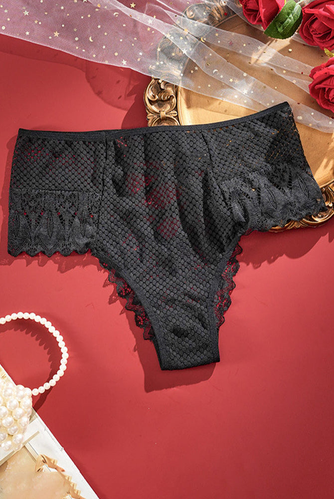 Plus size high-waist lace panties, black with criss-cross front detail.