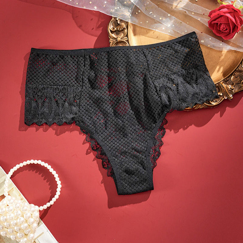 Plus size high-waist lace panties, black with criss-cross front detail.