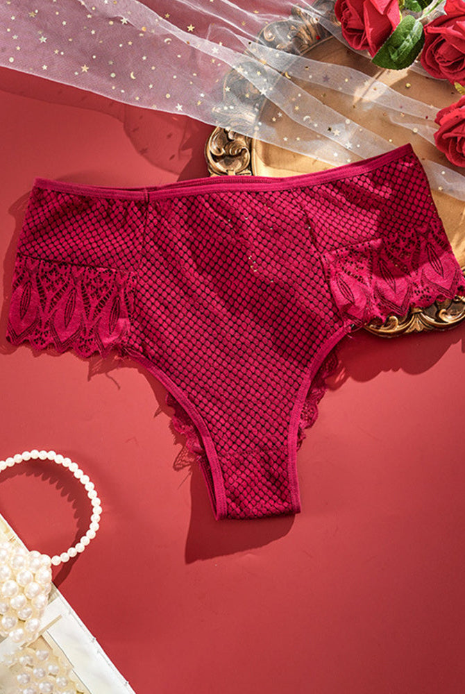 Plus size high-waist lace panties, red lace boyshort cut with scalloped edges.