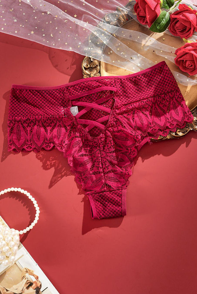 Plus size high-waist lace panties, red criss-cross lace tie detail at front.