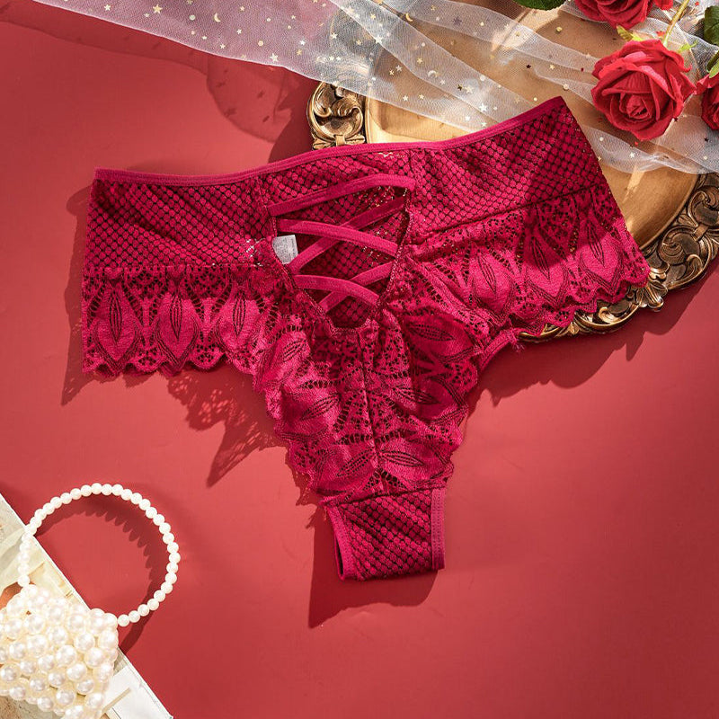 Plus size high-waist lace panties, red criss-cross lace tie detail at front.