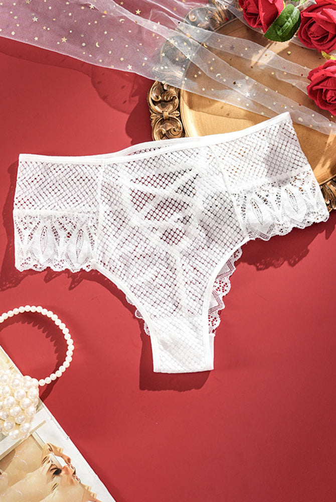 Plus size high-waist lace panties, white with subtle criss-cross front detail.