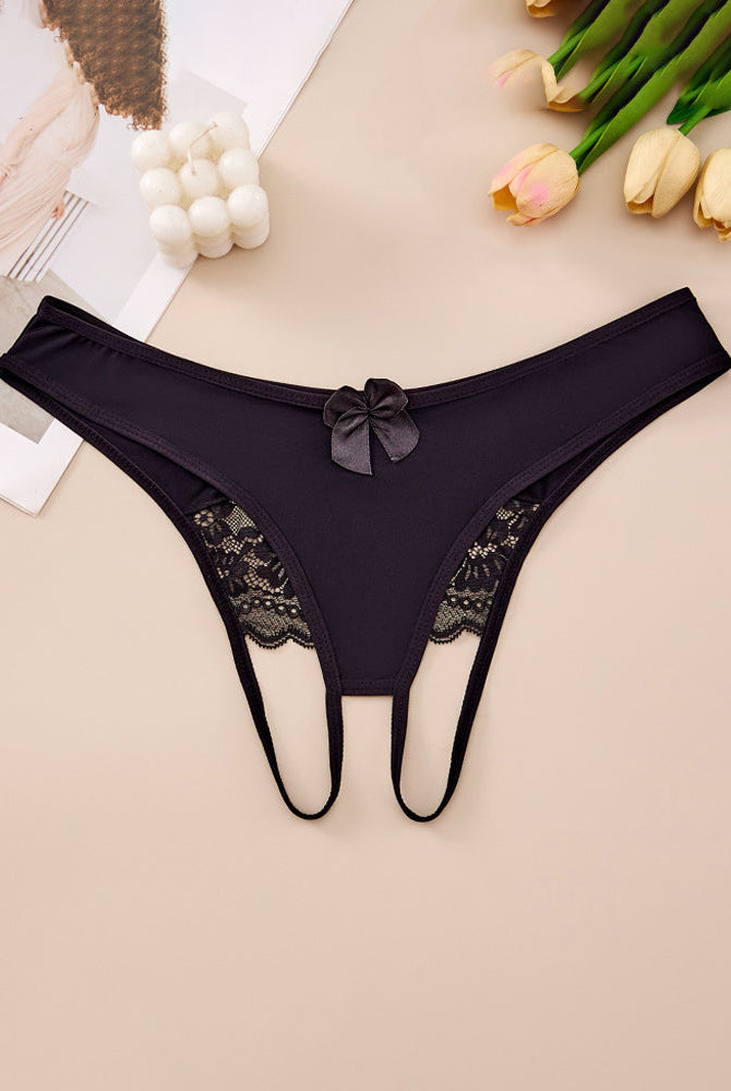 Plus size black crotchless lace thong with lace-trim waistband and center bow