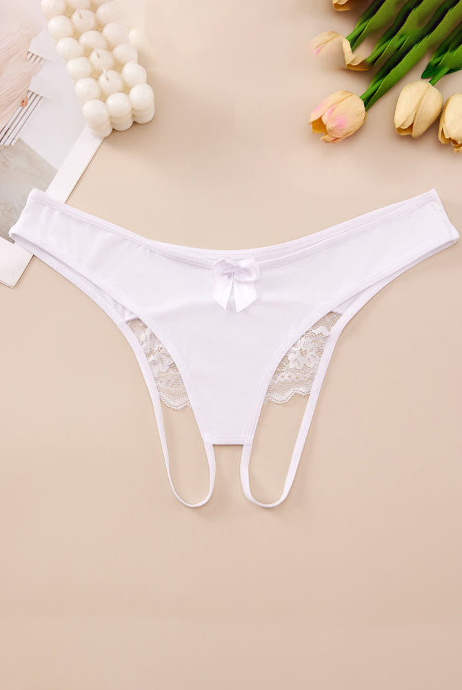 Plus size white crotchless lace thong with lace-trim waistband and center bow
