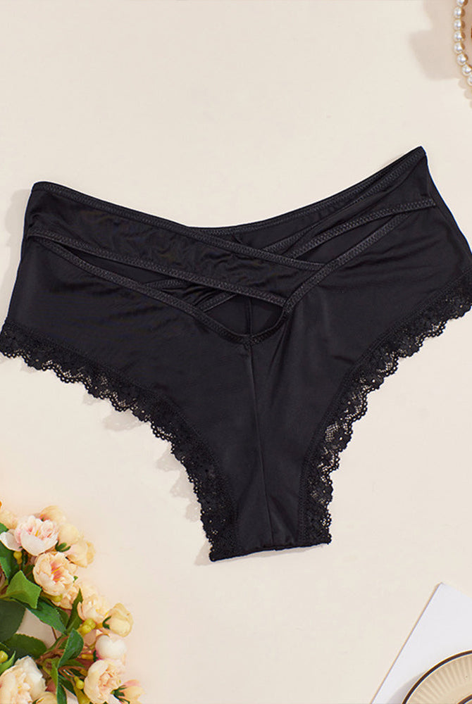 Black mid-rise criss-cross bikini panties with scalloped lace trim