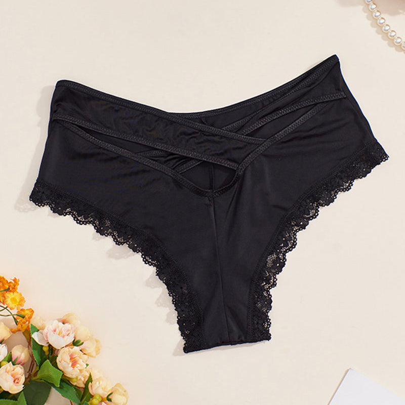 Black mid-rise criss-cross bikini panties with scalloped lace trim