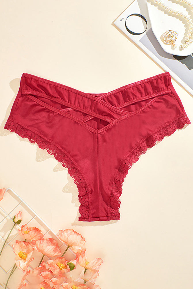 Red mid-rise criss-cross bikini panties with lace trim