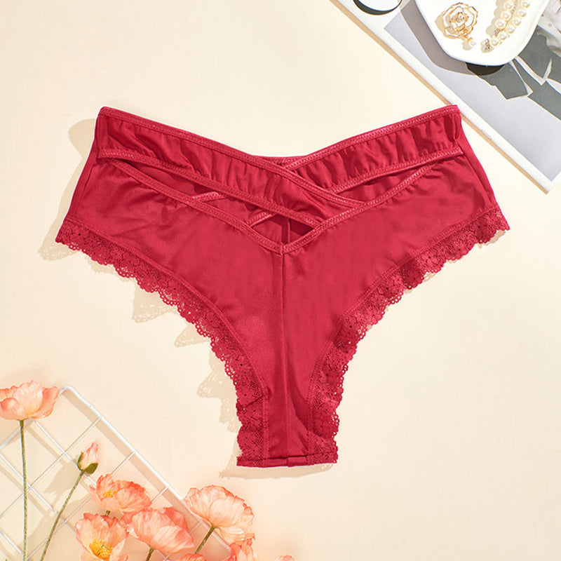 Red mid-rise criss-cross bikini panties with lace trim