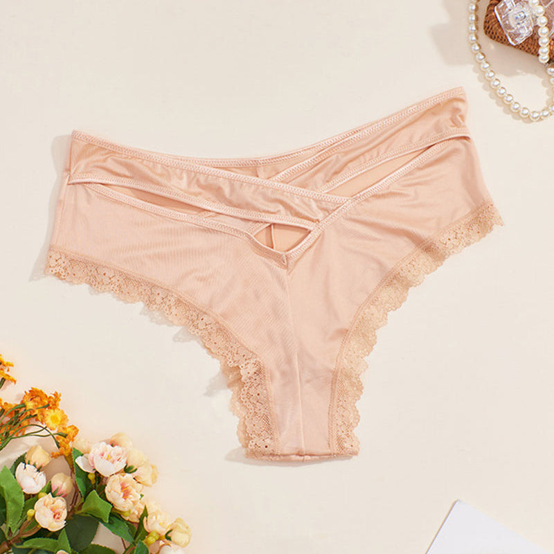 Nude mid-rise criss-cross bikini panties with lace trim