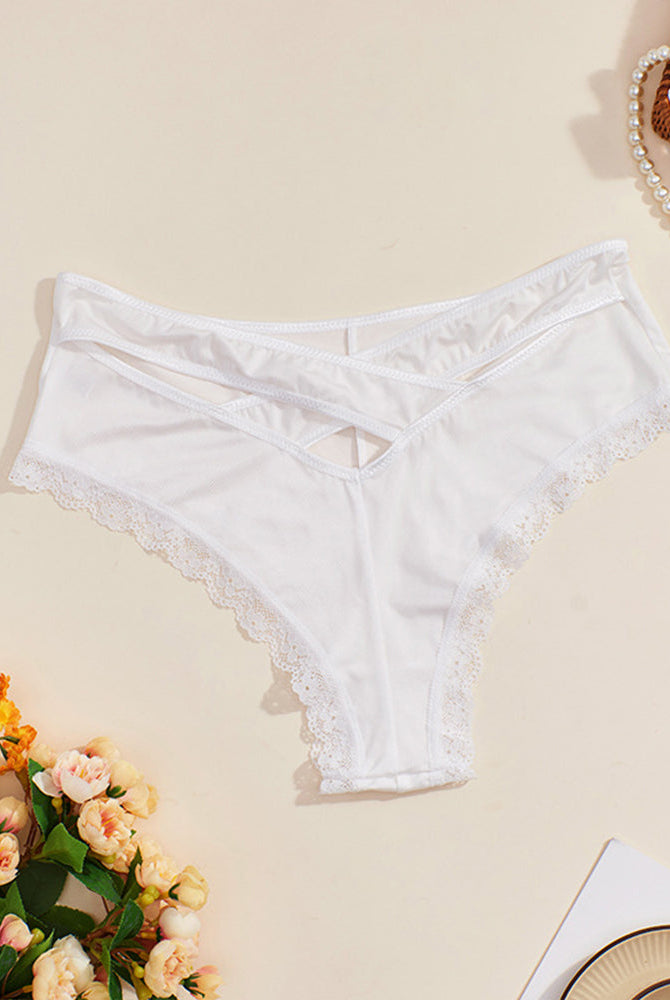 White mid-rise criss-cross bikini panties with lace trim
