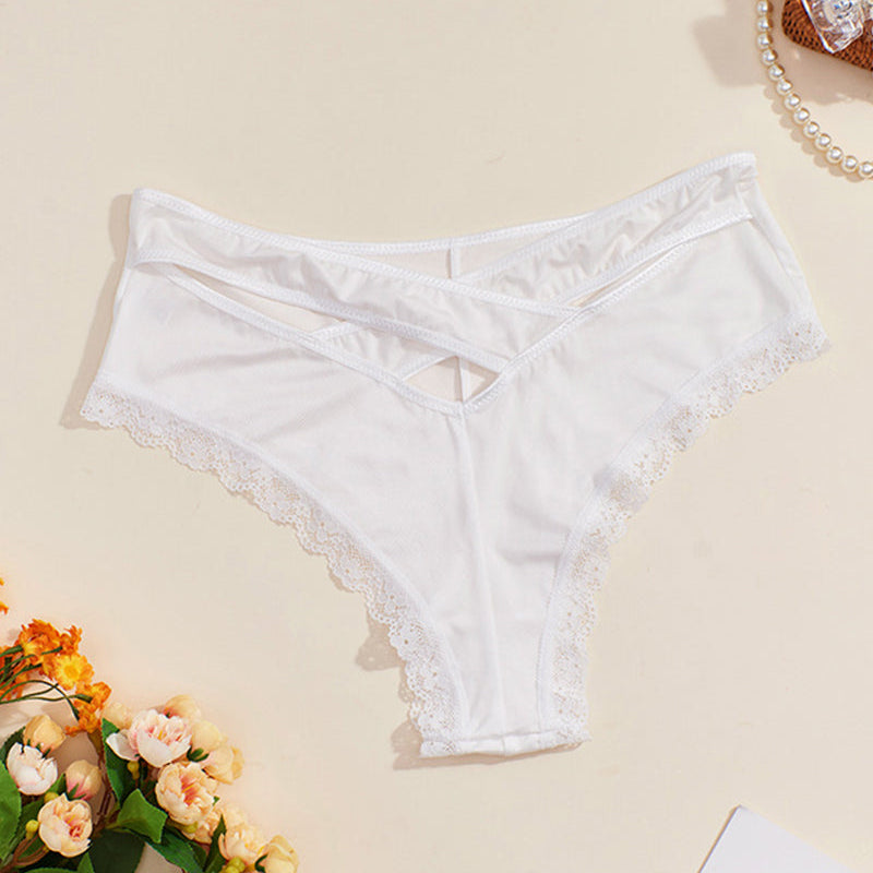 White mid-rise criss-cross bikini panties with lace trim