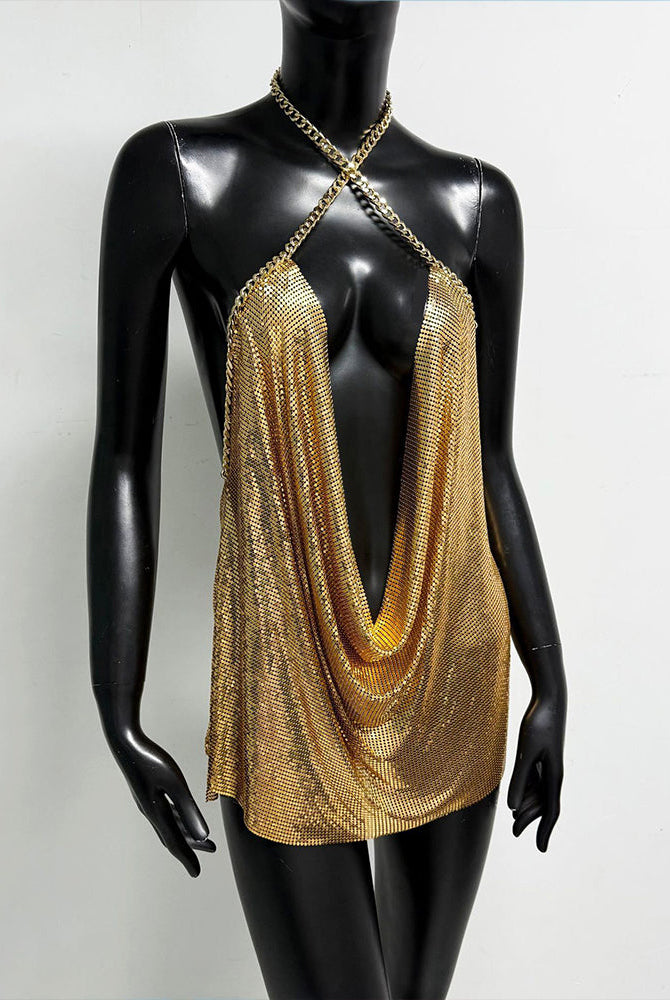 Gold metallic chain halter mini dress with crossed straps and deep V front