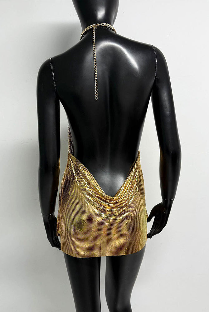 Gold metallic chain halter mini dress with open back and crisscross chain halter