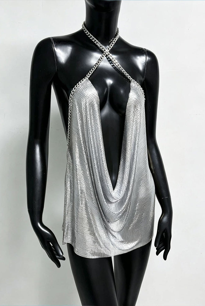 Silver metallic chain halter mini dress with crossed straps and deep V front