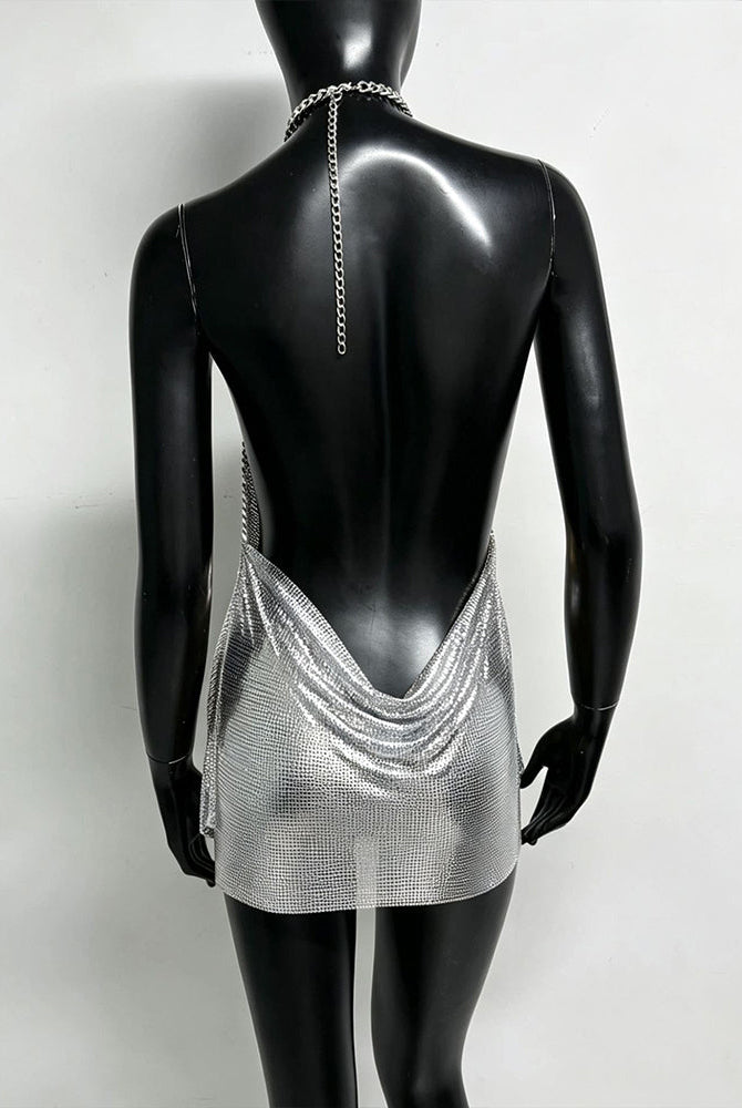 Silver metallic chain halter mini dress with open back and draped chain fringe