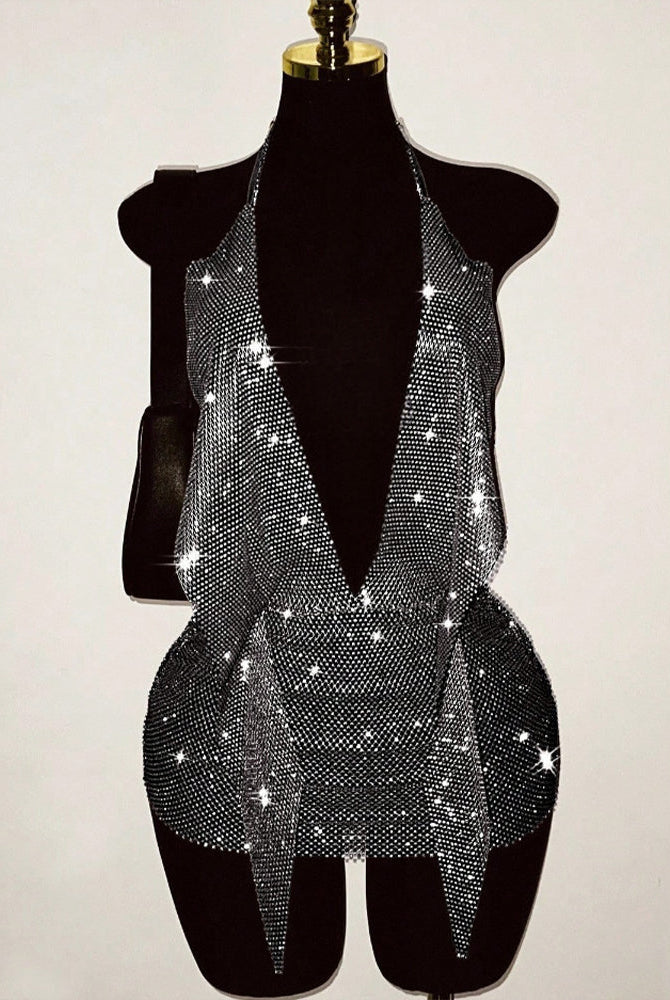 Black rhinestone fishnet halter backless mini dress with deep V front