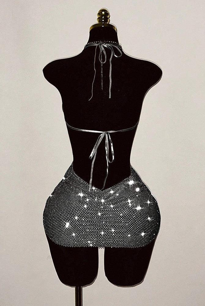 Black rhinestone fishnet halter backless mini dress, open back with tied straps