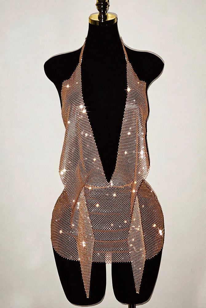 Gold rhinestone fishnet halter backless mini dress on mannequin front view