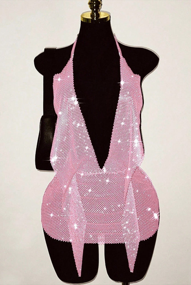 Pink rhinestone fishnet halter backless mini dress with sparkly deep V front
