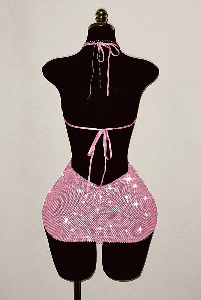 Pink rhinestone fishnet halter backless mini dress with tied open back