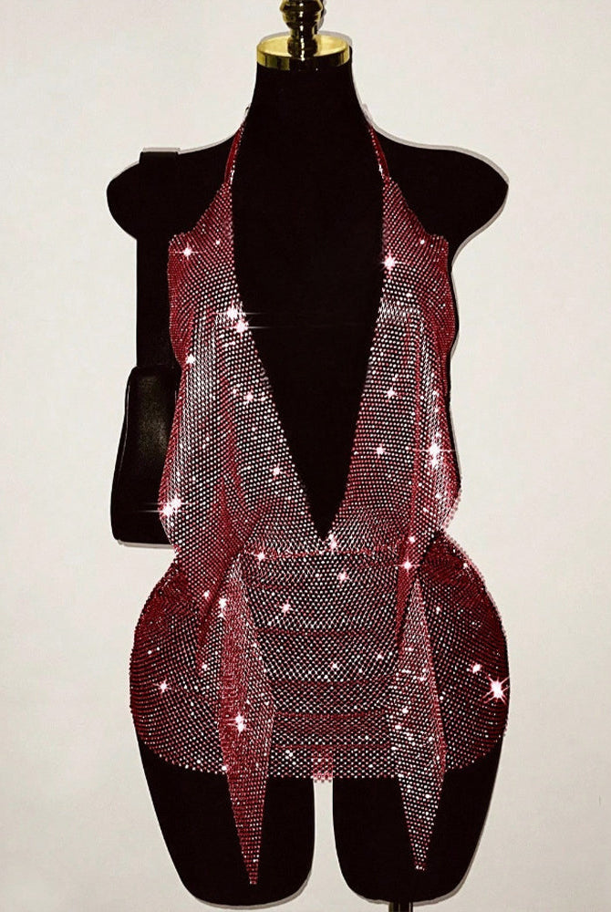 Red rhinestone fishnet halter backless mini dress with deep V front