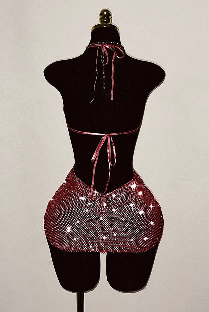 Red rhinestone fishnet halter backless mini dress, open back with tied straps