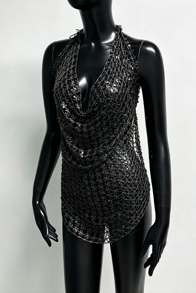 Black sequin halter fringe top with V-neck and draped chain-mesh design