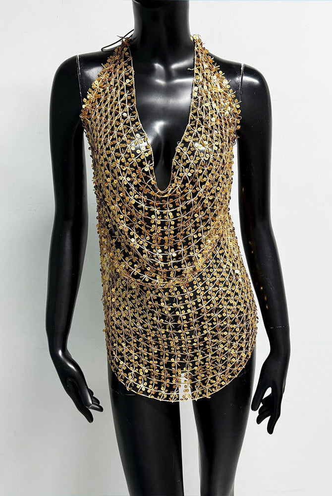 Gold sequin halter fringe top with V-neck and layered chain-mesh pattern