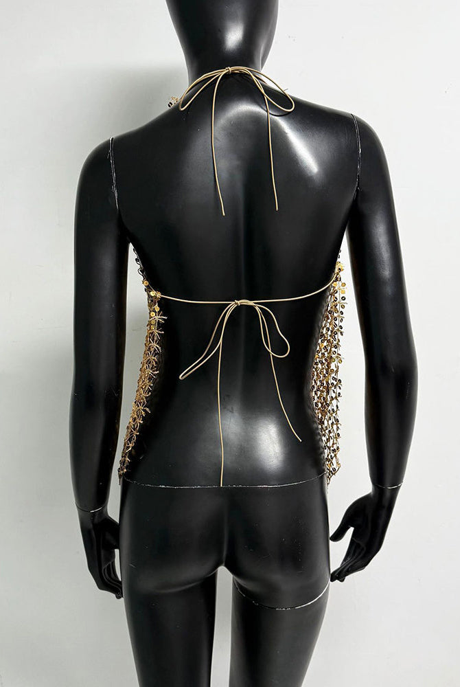 Gold sequin halter fringe top, open back with tie closure