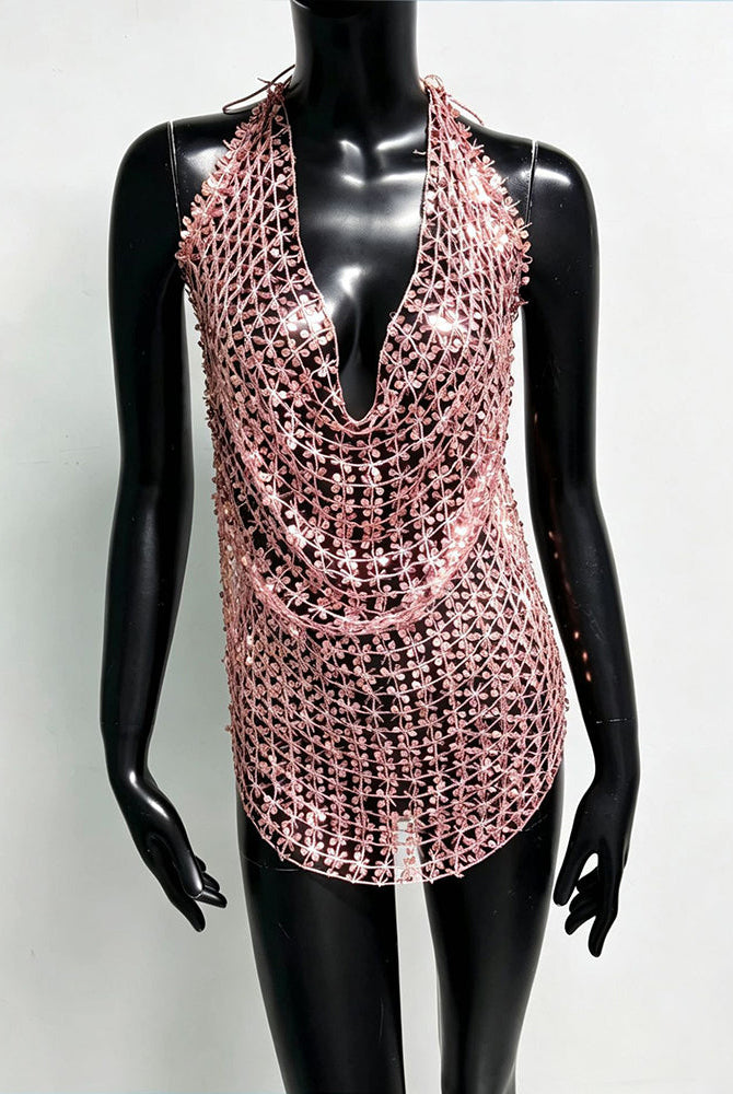 Pink sequin halter fringe top with V-neck and chain-mesh sparkle pattern