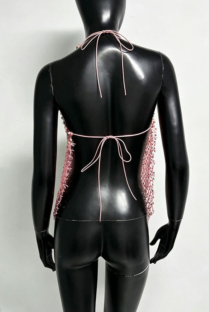Pink sequin halter fringe top with open back and center tie bow