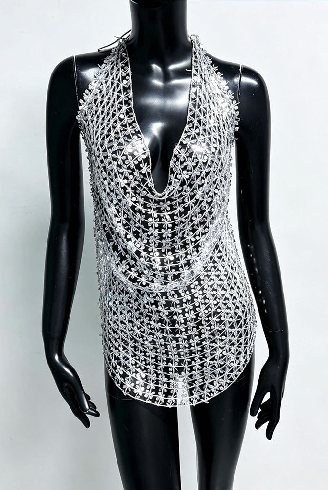Silver sequin halter long top with layered chain fringe