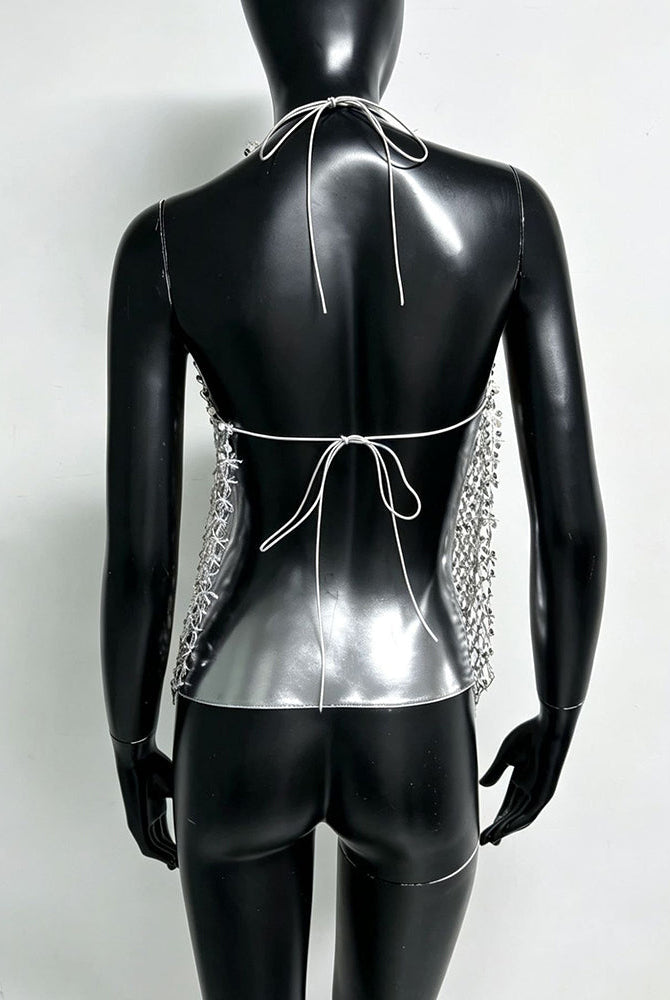 Silver sequin halter long top, open-back tie halter design